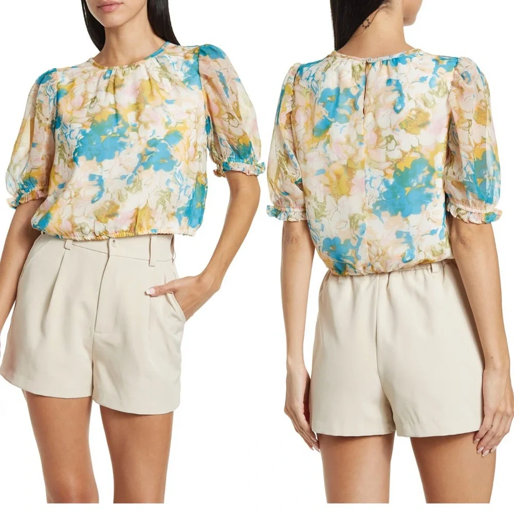 NWT WALTER BAKER pleated neckline cropped blouse women’s Large $178 - Picture 1 of 7